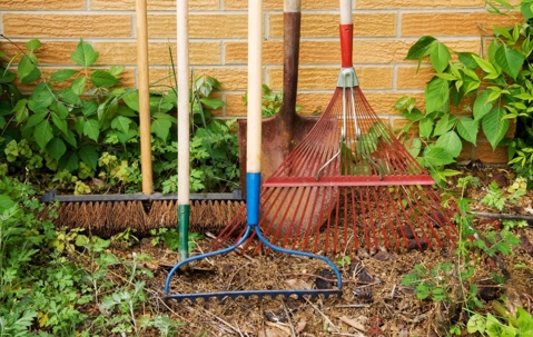 An image of lawn care service tools in a yard